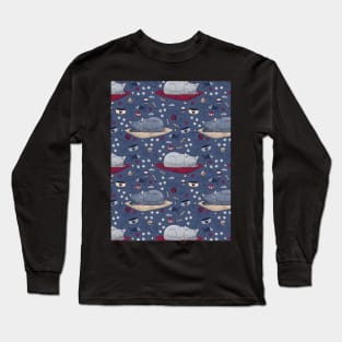 Sleepy Cat Dreams Pattern, Blue Grey Long Sleeve T-Shirt